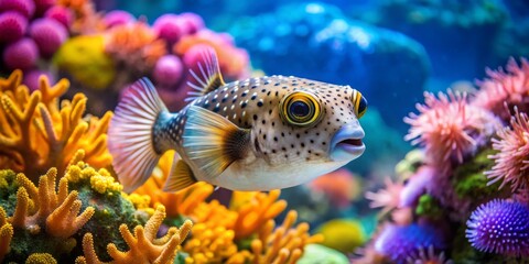 a spotted pufferfish amidst vibrant coral, underwater, aquarium, tropical fish , coral reef , puffer