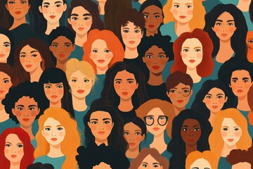 Wall Mural - Female diverse faces of different ethnicity poster. Women empowerment movement pattern. International women s day graphic AI