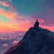 © liang - Serenity at Twilight: A Solitary Figure on a Mountain Summit, Contemplating the Majestic Vista with a Canvas of Vibrant Skies, Ideal for Travel and Leisure Posters and 4K Wallpapers.