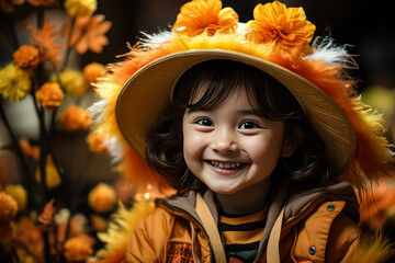 Wall Mural - A young girl in a yellow jacket is smiling and posing for a picture. The scene takes place in front of a tree with orange pumpkins hanging from it. The girl's outfit and the pumpkins create a festive