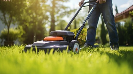 A man mowing the lawn on a sunny day, with lush green grass and a blurred background.