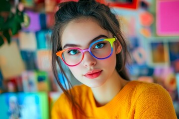 Poster - A young woman with colorful glasses and a vibrant yellow sweater poses against a backdrop of bright photographs. This stylish portrait captures a cheerful and creative vibe. AI