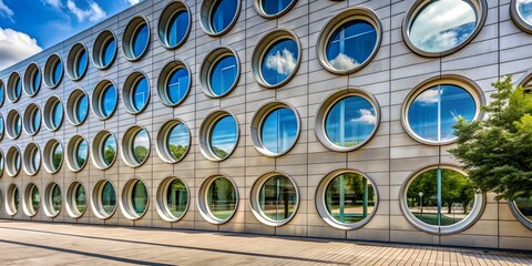 Modern building with unique circular windows, architecture, design, contemporary, glass, facade, construction, innovation