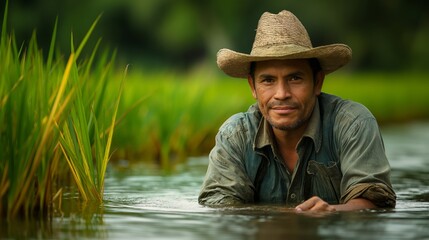 Photograph of mexican rice farmer cultivating rice fields