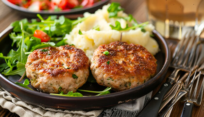 Poster - Turkey patties served with mashed potato and fresh salad