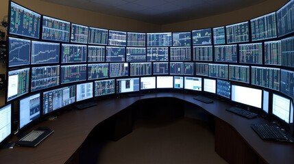 Poster - An individual sits at a modern desk, attentively monitoring multiple screens displaying stock market data and financial charts under blue LED lighting