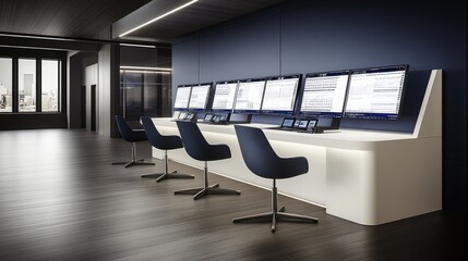 Poster - An individual sits at a modern desk, attentively monitoring multiple screens displaying stock market data and financial charts under blue LED lighting