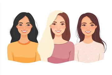 Wall Mural - International Women's Day.  illustration of four happy smiling diverse women standing together. Isolated on white, Generative AI