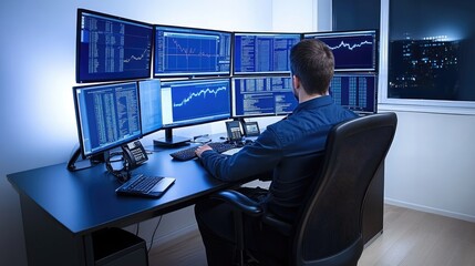 Poster - An individual sits at a modern desk, attentively monitoring multiple screens displaying stock market data and financial charts under blue LED lighting