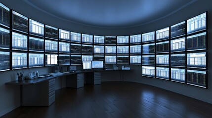 Poster - An individual sits at a modern desk, attentively monitoring multiple screens displaying stock market data and financial charts under blue LED lighting