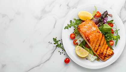 Poster - Grilled Salmon steak and fresh vegetable salad with a lemon over white marble background. Healty food concept. Top view with copy space