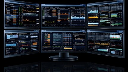 Poster - An individual sits at a modern desk, attentively monitoring multiple screens displaying stock market data and financial charts under blue LED lighting