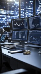 Poster - An individual sits at a modern desk, attentively monitoring multiple screens displaying stock market data and financial charts under blue LED lighting