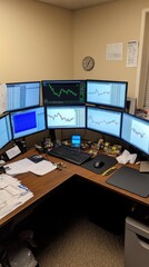 Poster - An individual sits at a modern desk, attentively monitoring multiple screens displaying stock market data and financial charts under blue LED lighting