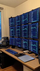 Poster - An individual sits at a modern desk, attentively monitoring multiple screens displaying stock market data and financial charts under blue LED lighting