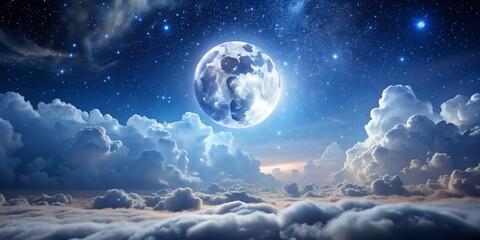 Celestial Dreamscape Full Moon, Starry Night, and Wispy Clouds, night sky , moon , clouds , celestial