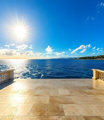 Wall Mural - Sea View Patio with Stone Tiles and Blue Sky