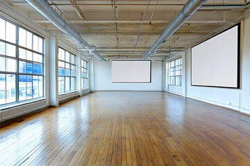 Canvas Print - Empty Loft Space with Large Windows and Wooden Floor