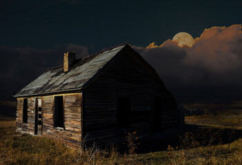 Wall Mural - abandoned settler's cabin with moonrise behind