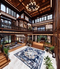 Wall Mural - Traditional Chinese Style Interior Design with Wooden Beams and Balcony