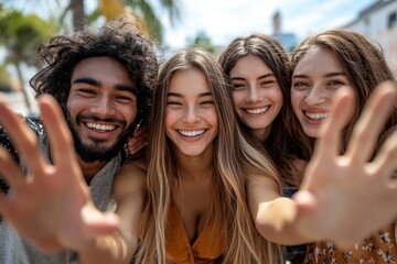 Cheerful multicultural group of friends waving happy looking at camera. Portrait of excited cheerful young people showing hands for funny photo. People enjoying leisure time outdoors, Generative AI