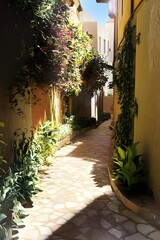 Canvas Print - Cobblestone Path Through a Lush Garden with Sunlight Streaming Through the Trees