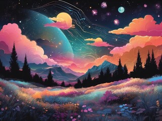 Wall Mural - Stunning illustration of a serene starlit landscape with glowing constellations and ethereal clouds, glowing in the dark with colorful multicolor light, centered on a black background