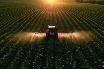 Tractor spraying pesticides on soybean field with sprayer at spring