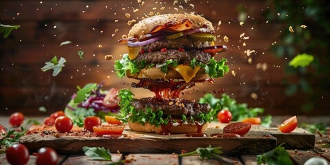 Sticker - Burger Flying in the Air with Various Salad Varieties on a Wooden Board Sauce Splattering