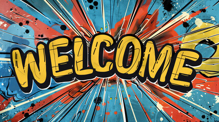 Poster - Explosive yellow comic book style lettering greeting on colorful retro background