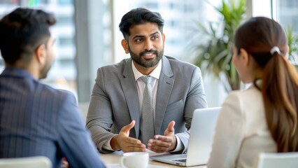 An Indian wealth manager engaging in a discussion with clients in a modern office.
