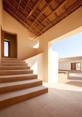 Canvas Print - Modern Architecture With Straw Roof And Stairway