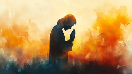 Jesus' silhouette in prayer, bathed in warm watercolor light, religious devotion, soft and serene ambiance