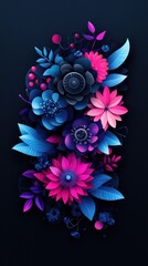 Poster - A vibrant floral design featuring blue and pink flowers and leaves on a dark background.