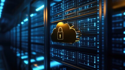Poster - A digital cloud icon with a gold lock, positioned in a high-tech data center environment with blue lights, symbolizing security