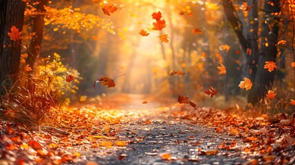 Wall Mural - vibrant autumn forest path with sunlight filtering through trees