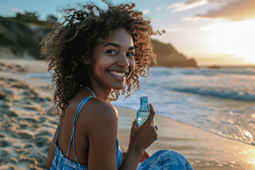 Wall Mural - Happy woman with curly hair enjoying a drink at the beach during sunset