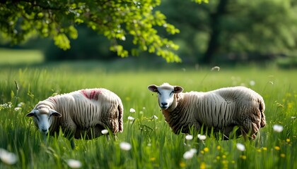 Two sheep graze leisurely on the green grassland. The environment is peaceful and natural, dotted with flowers.