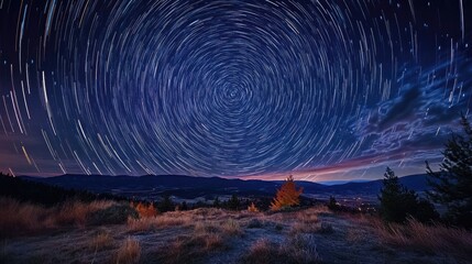 A stunning night sky filled with concentric star trails circling around the North Star, capturing the beauty of celestial motion.