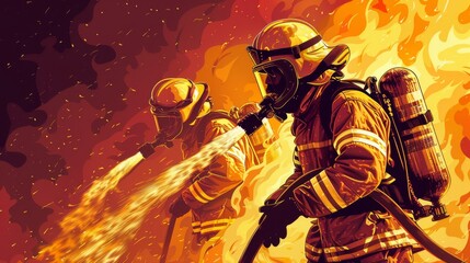 Cartoon vector firemen extinguishing a fire while wearing protective equipment