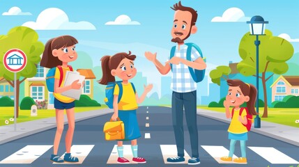 Cartoon vector parents teaching kids about road safety with traffic signs