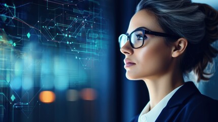 Poster - woman analyzing data on a computer screen, wearing glasses 