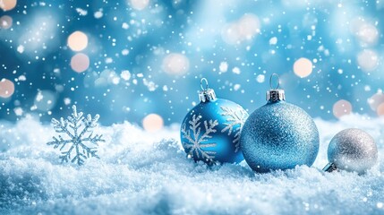 Poster - A winter scene with snowflakes on a vibrant blue background, complete with holiday decorations and softly drifting snowflakes.
