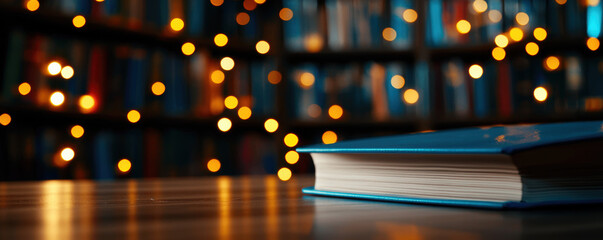 A blue book is on a table with a light shining on it