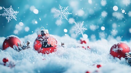 Poster - A winter scene with snowflakes on a vibrant blue background, complete with holiday decorations and softly drifting snowflakes.