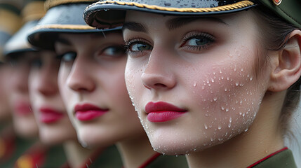 Sticker - Close-up of a group of female soldiers in uniform, with one in sharp focus and water droplets on her face.