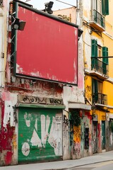 Wall Mural - Red Billboard on an Old Building in a City