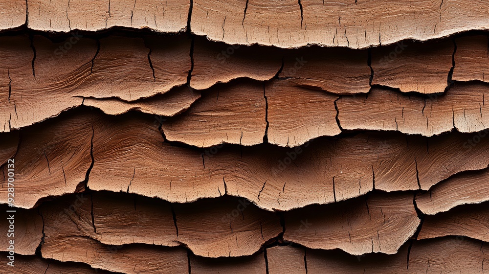 Close examination of cork tree bark's rough texture, with thick layers ...