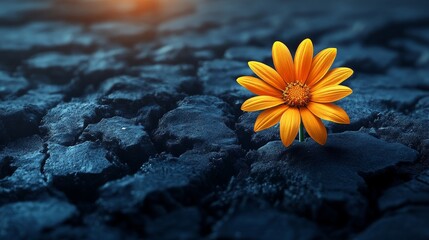 Wall Mural - A single yellow flower is standing on a rocky surface