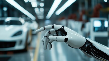 Poster - AI in car manufacturing: A robot hand working in an automotive assembly plant, showcasing how advancements in AI and machine learning are transforming the car manufacturing process.